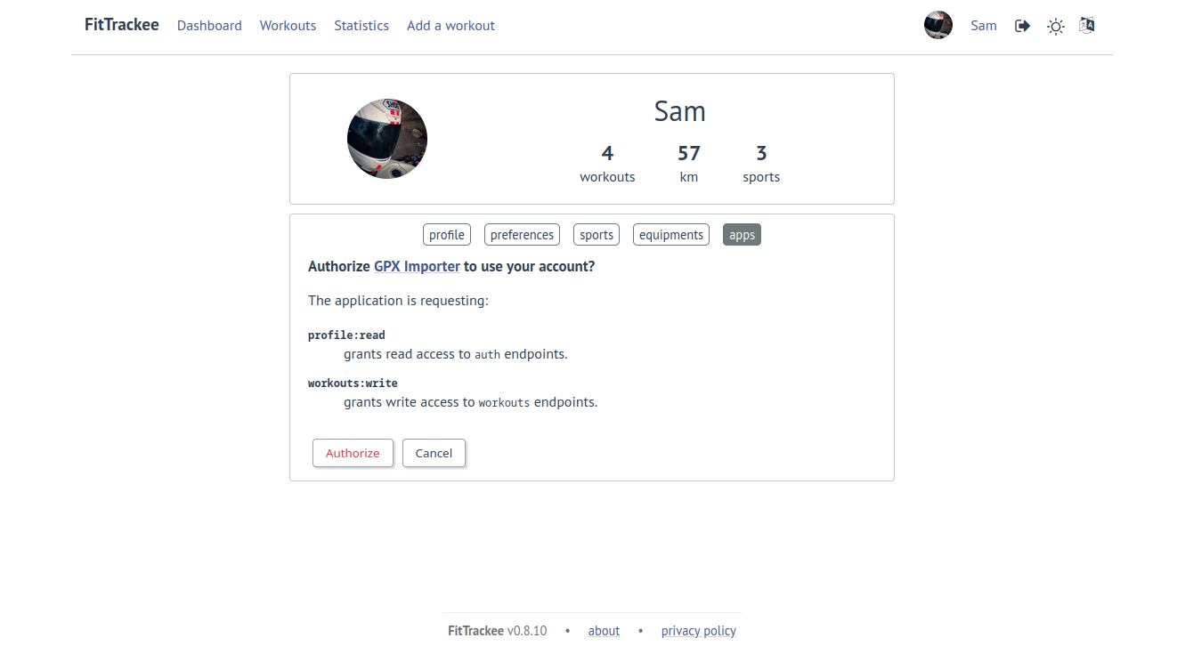 App authorization on FitTrackee